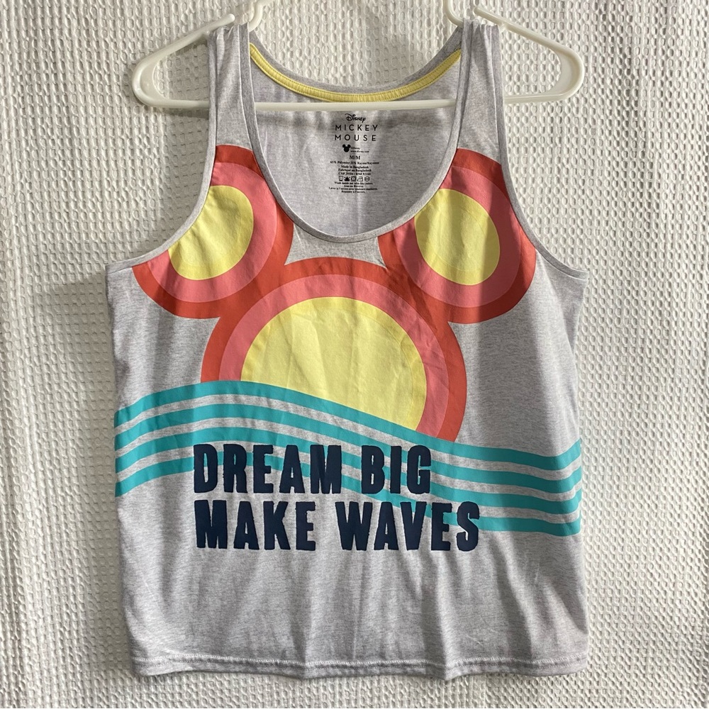 Disney Mickey Mouse Big Dreams Make Waves BIG LOGO Rainbow Grey Tank Top Medium